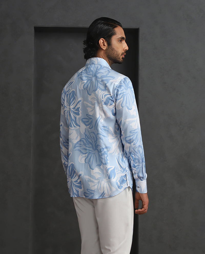 Light Blue Slim Fit Tencel Shirt with Elegant Print