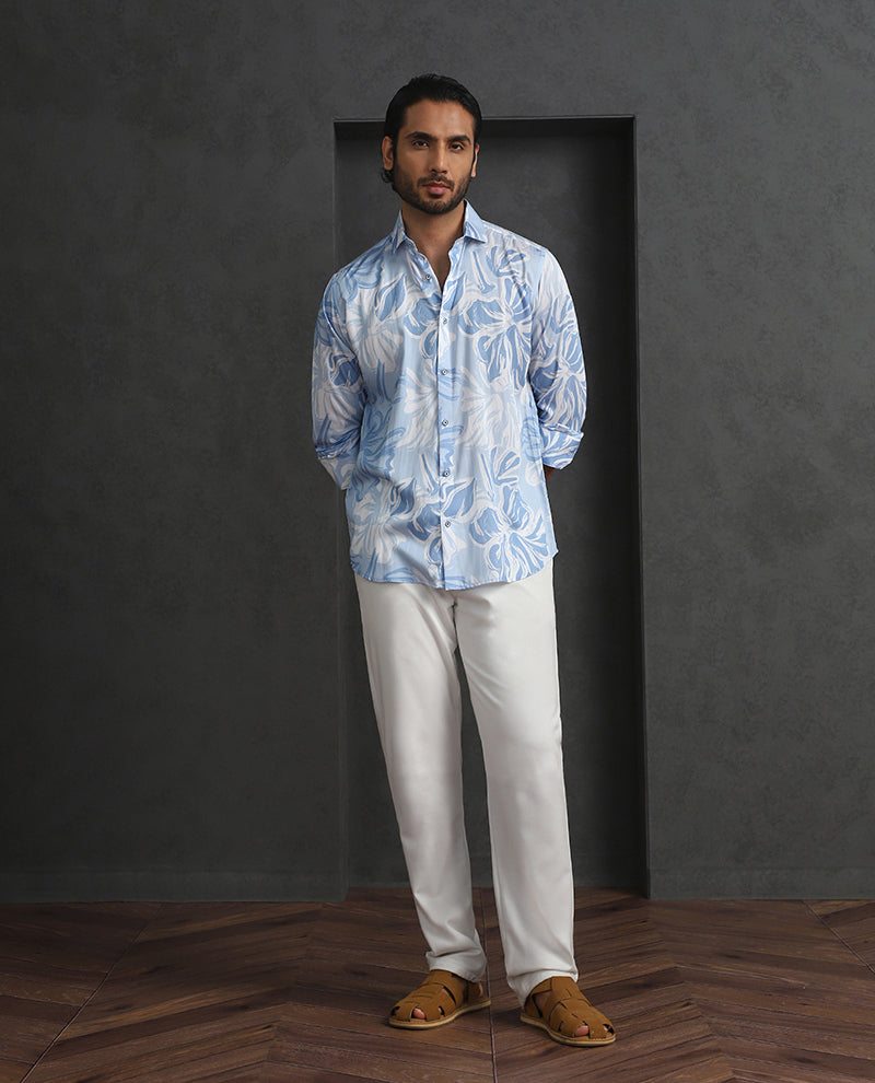 Light Blue Slim Fit Tencel Shirt with Elegant Print