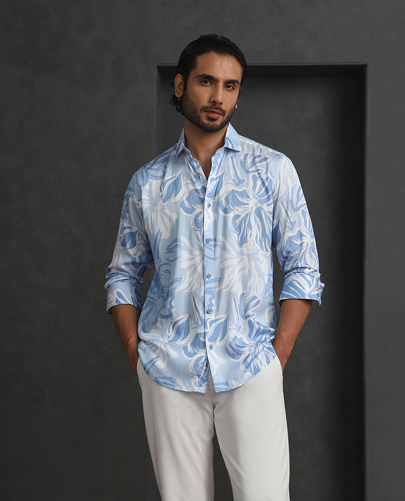 Light Blue Slim Fit Tencel Shirt with Elegant Print
