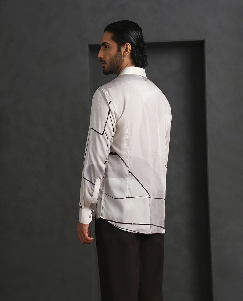 Cream Slim Fit Tencel Shirt with Subtle Print Accents