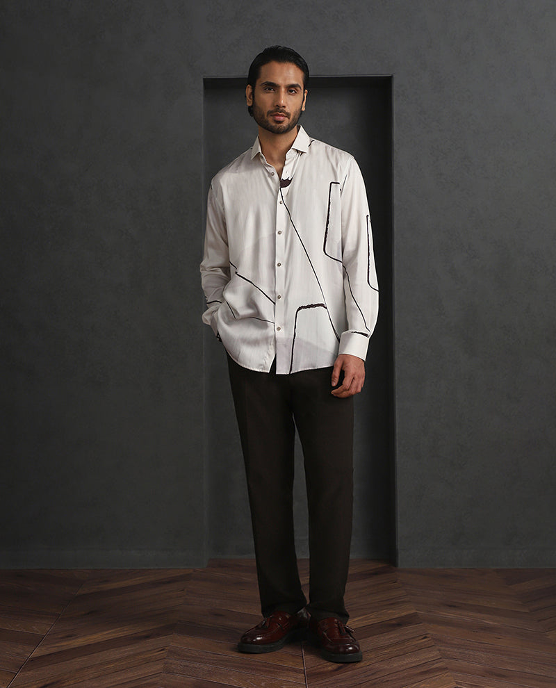 Cream Slim Fit Tencel Shirt with Subtle Print Accents