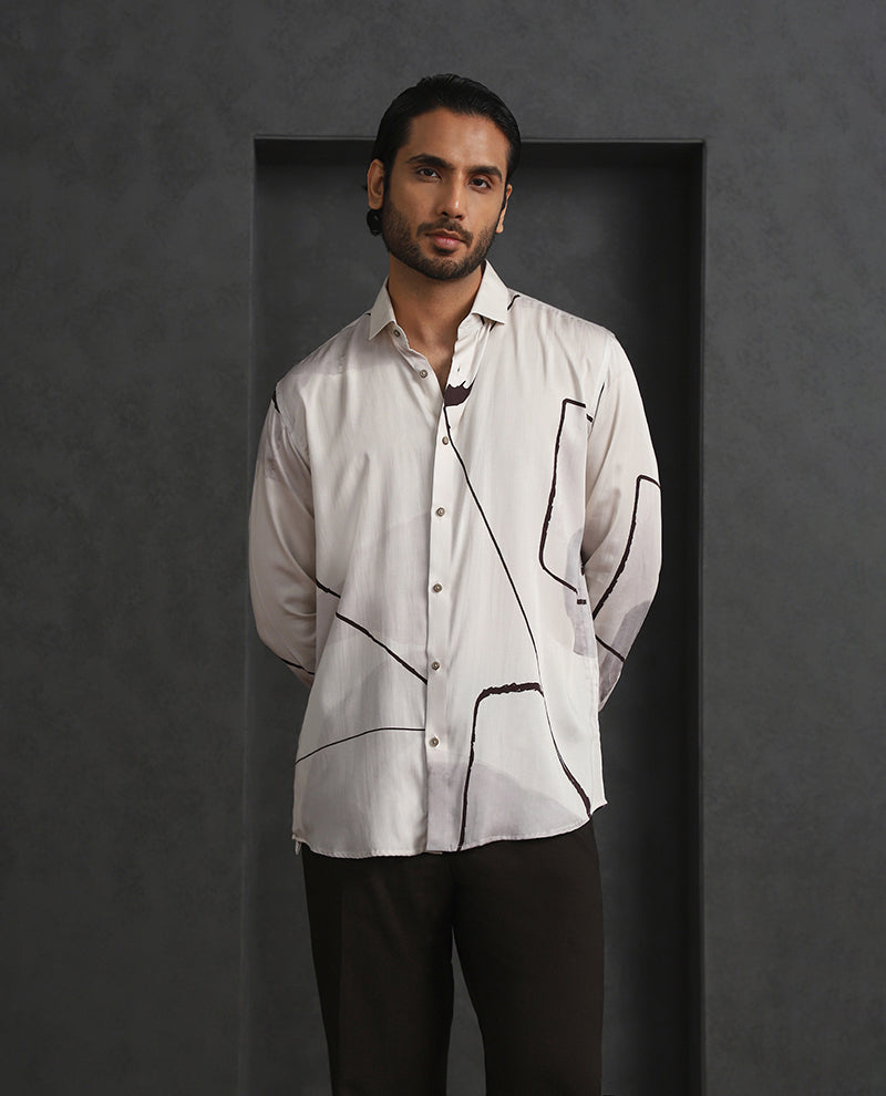 Cream Slim Fit Tencel Shirt with Subtle Print Accents