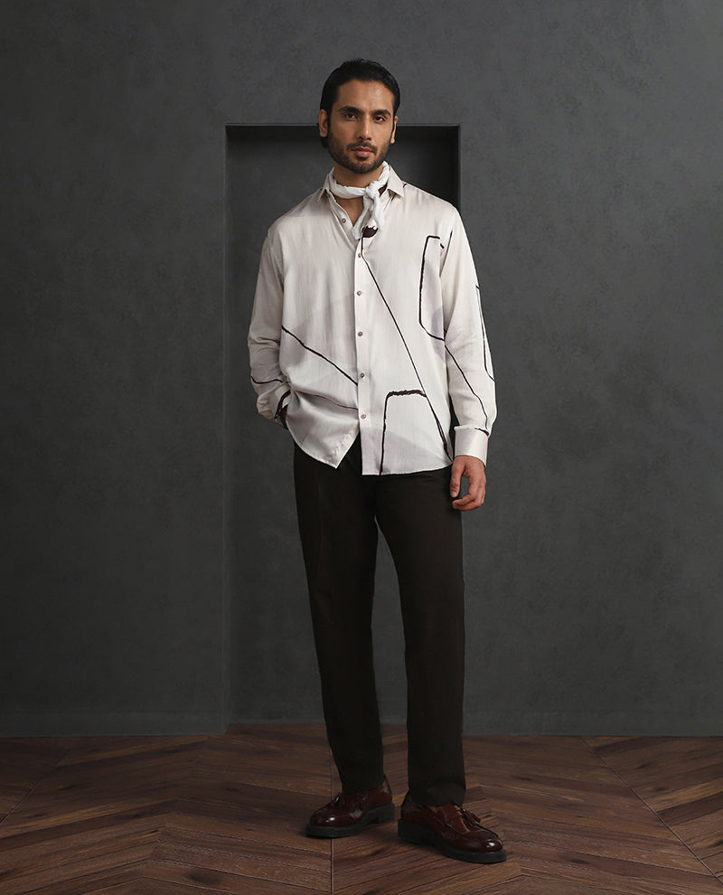 Cream Slim Fit Tencel Shirt with Subtle Print Accents