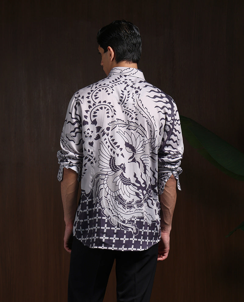 Grey Black Slim Fit Tencel Shirt with Striking Print
