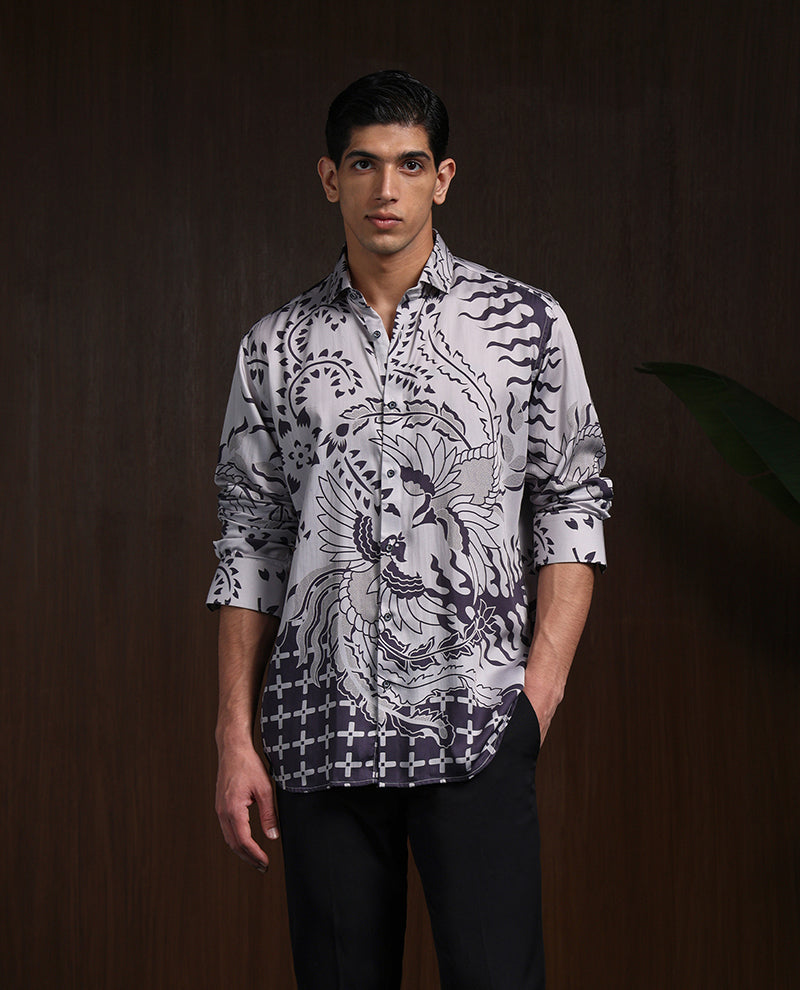 Grey Black Slim Fit Tencel Shirt with Striking Print