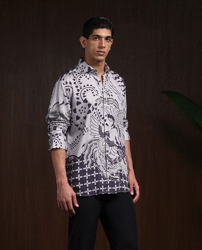 Grey Black Slim Fit Tencel Shirt with Striking Print