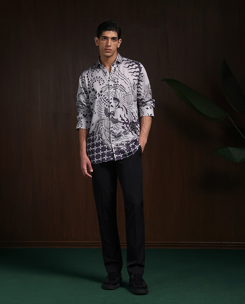 Grey Black Slim Fit Tencel Shirt with Striking Print