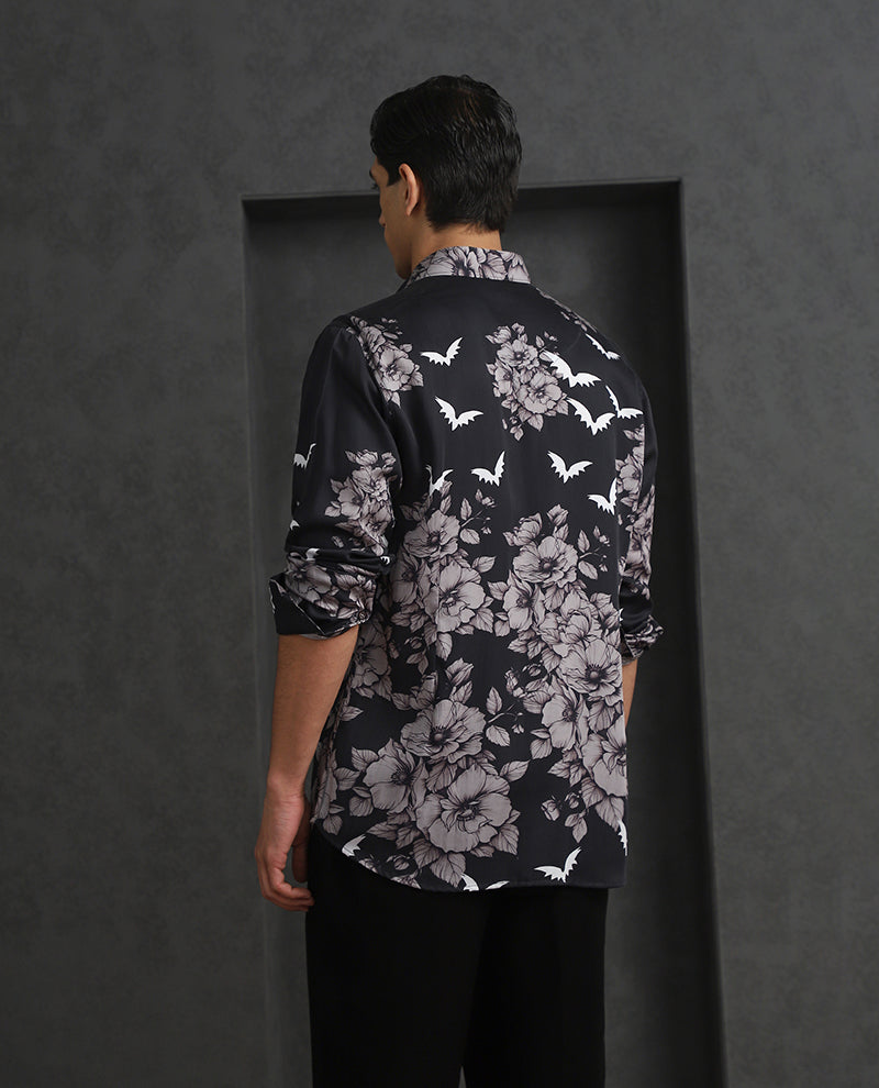 Sleek Black Slim Fit Tencel Shirt with Modern Print