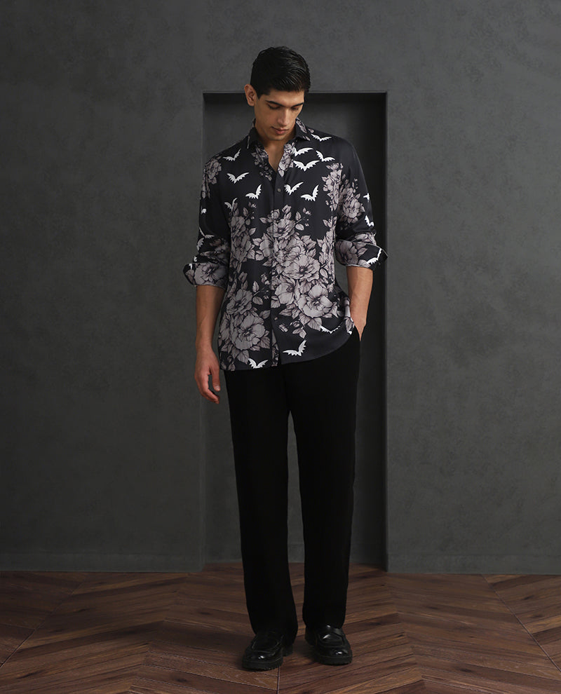 Sleek Black Slim Fit Tencel Shirt with Modern Print