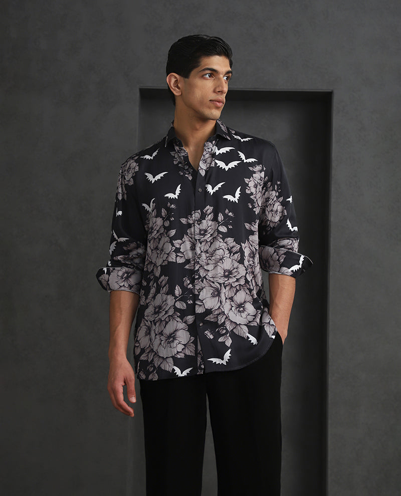 Sleek Black Slim Fit Tencel Shirt with Modern Print
