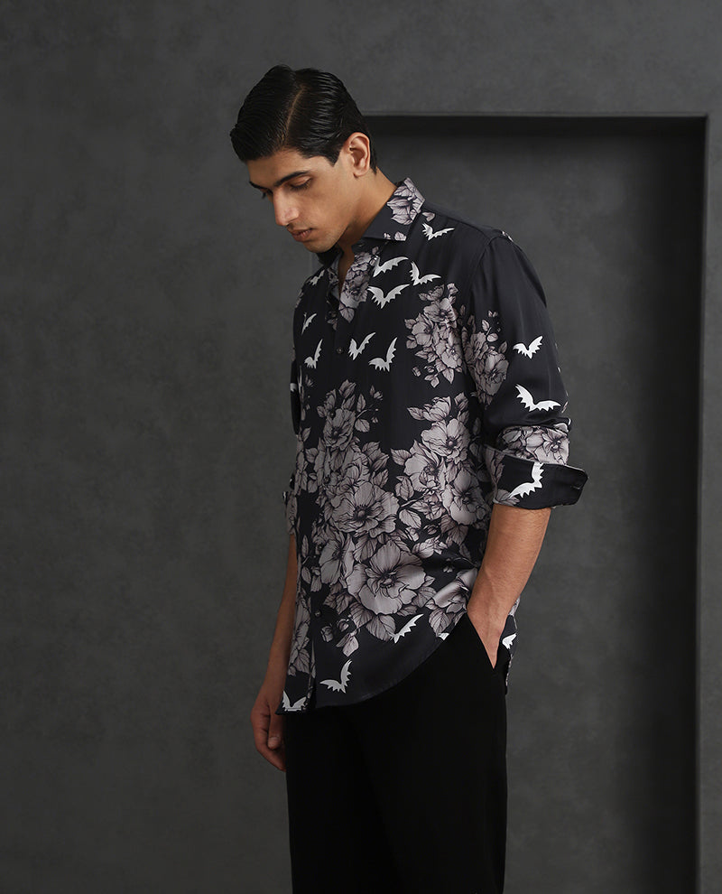 Sleek Black Slim Fit Tencel Shirt with Modern Print