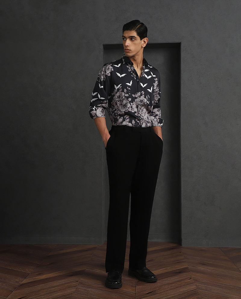 Sleek Black Slim Fit Tencel Shirt with Modern Print