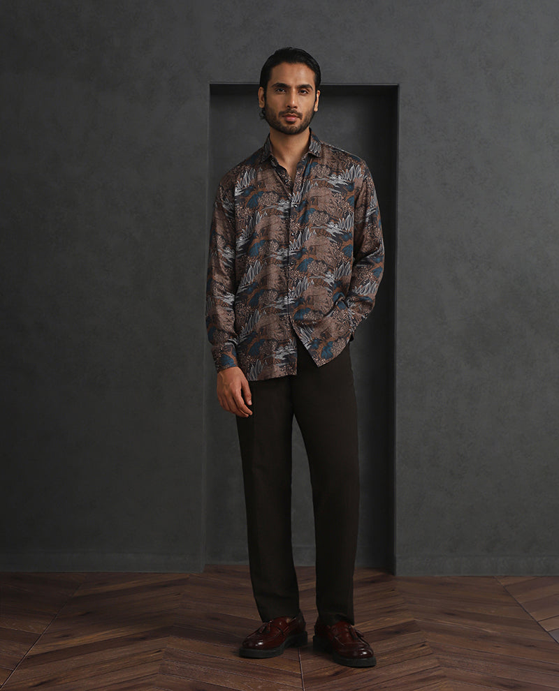 Light Brown Printed Slim Fit Full Sleeve Tencel Shirt