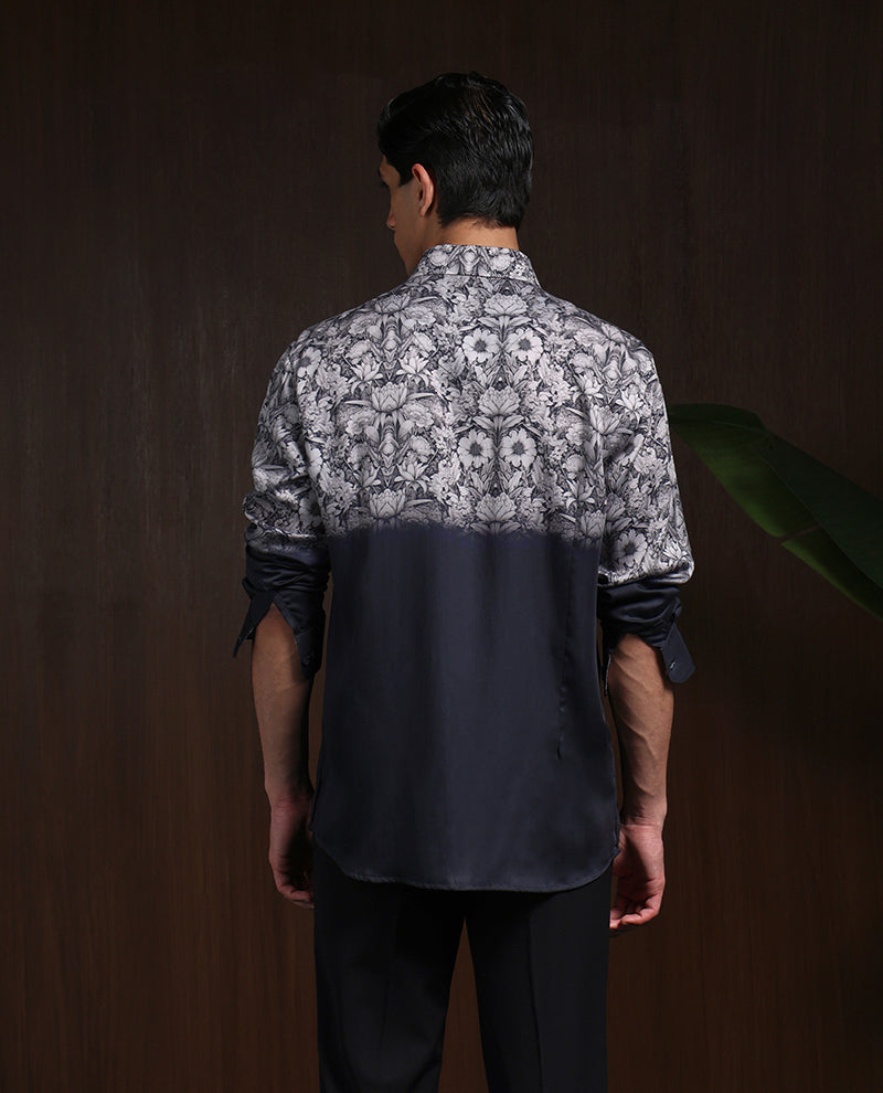 Black Grey Slim Fit Tencel Shirt with Contemporary Print