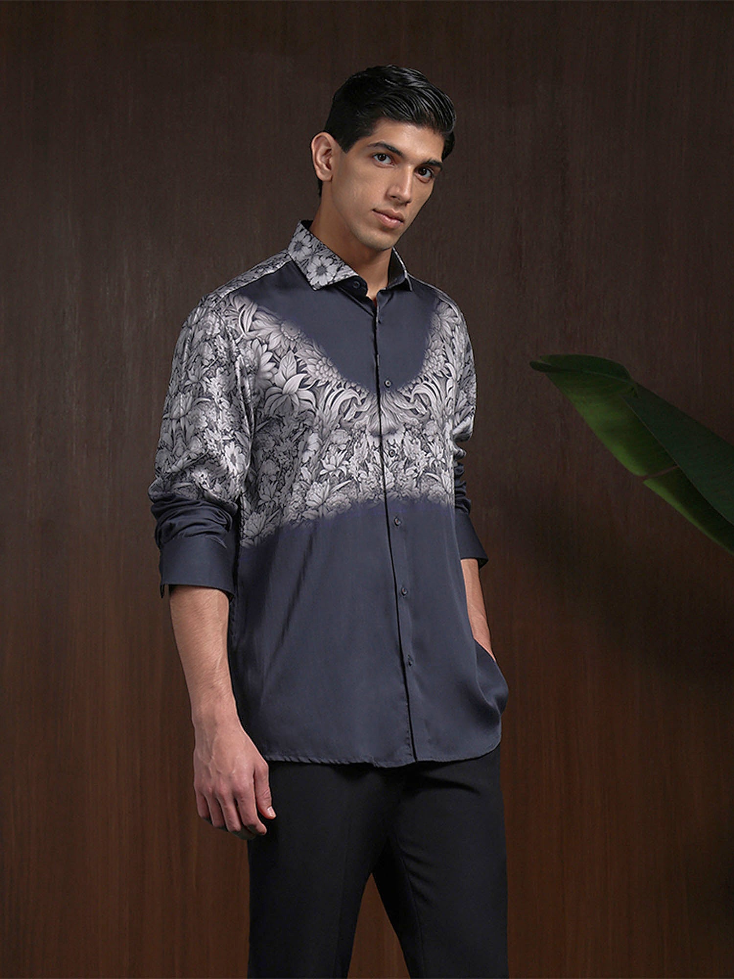 Black Grey Slim Fit Tencel Shirt with Contemporary Print
