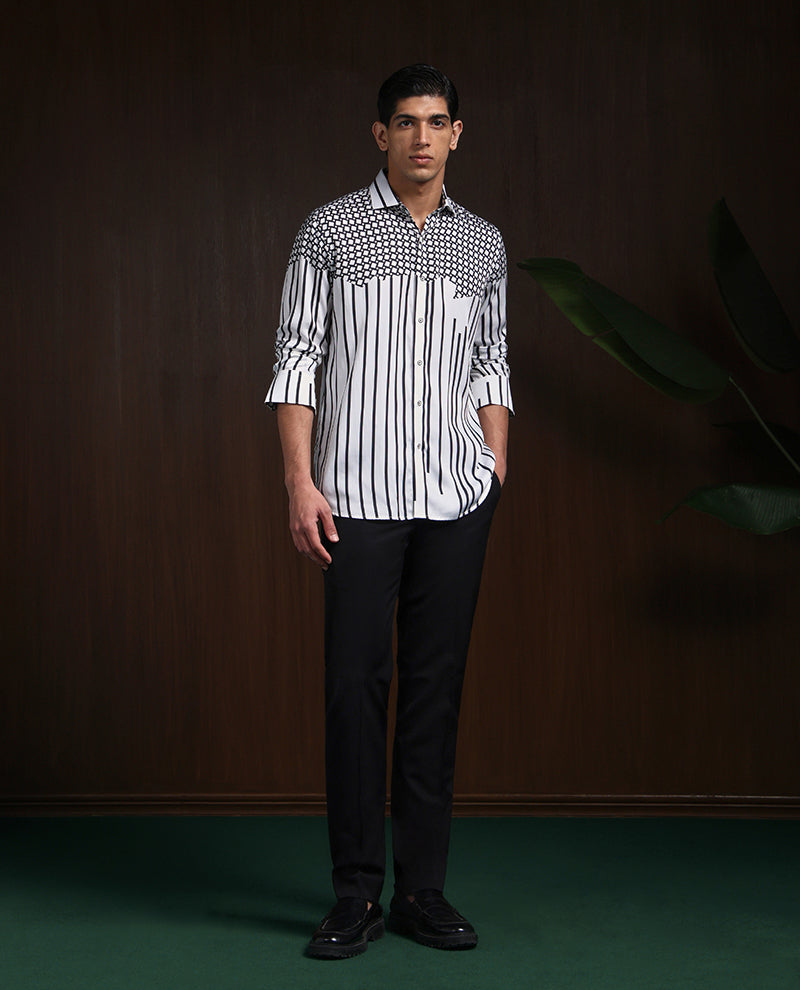 White & Black Slim Fit Tencel Shirt with Bold Print Accents