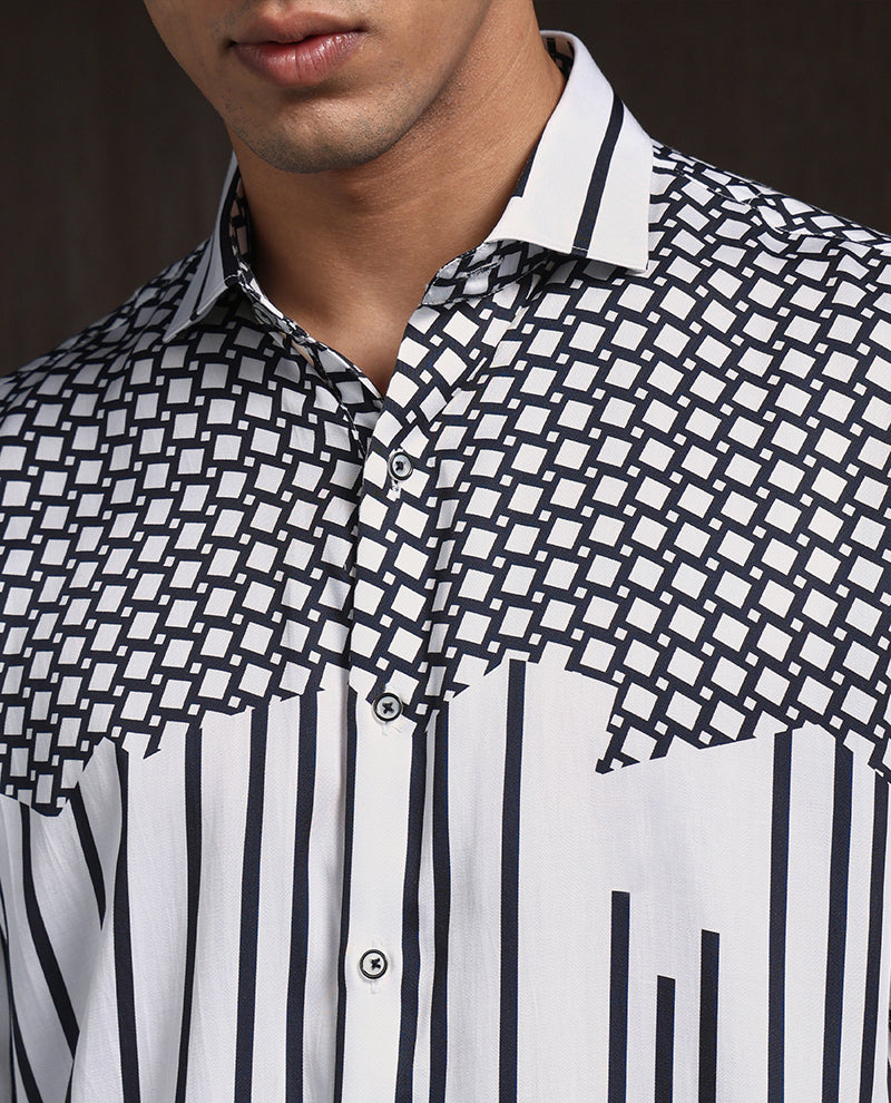 White & Black Slim Fit Tencel Shirt with Bold Print Accents