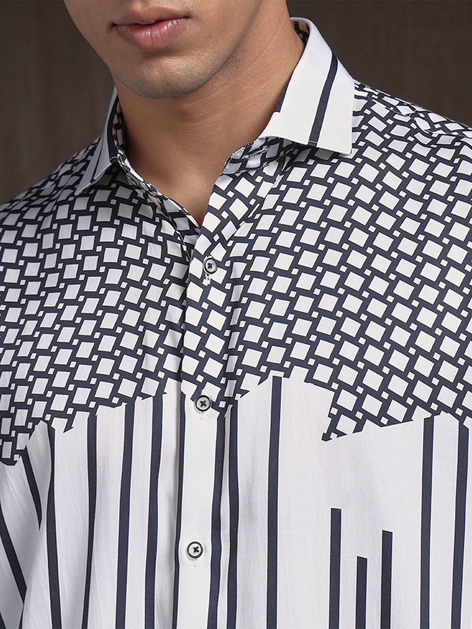 White & Black Slim Fit Tencel Shirt with Bold Print Accents
