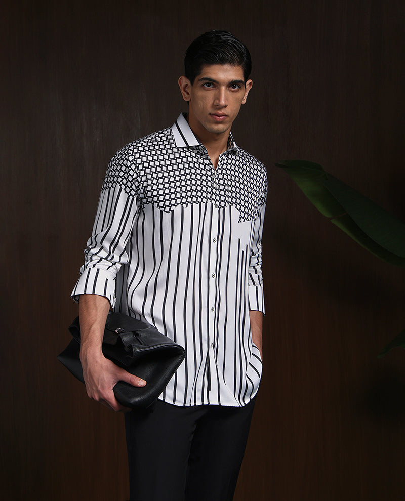 White & Black Slim Fit Tencel Shirt with Bold Print Accents
