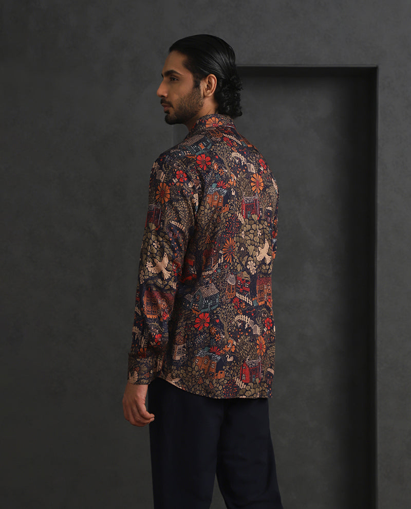 Navy Blue Printed Slim Fit Full Sleeve Tencel Shirt