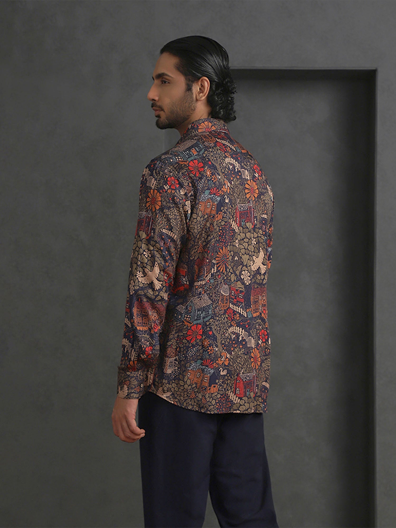Navy Blue Printed Slim Fit Full Sleeve Tencel Shirt