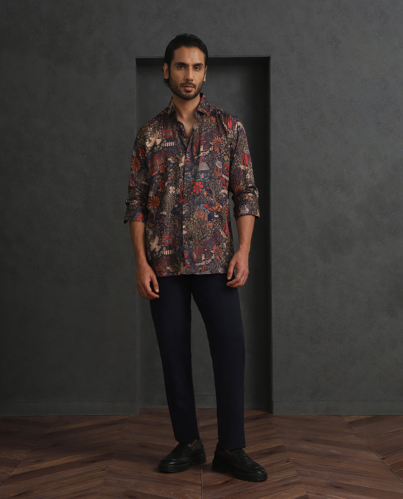 Navy Blue Printed Slim Fit Full Sleeve Tencel Shirt