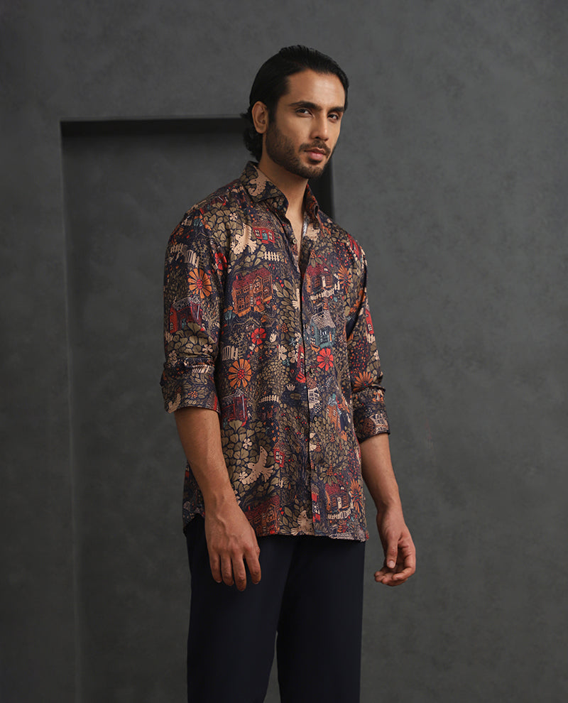 Navy Blue Printed Slim Fit Full Sleeve Tencel Shirt