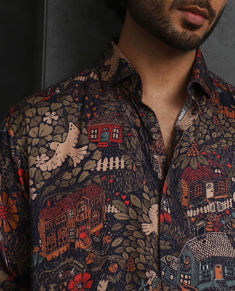 Navy Blue Printed Slim Fit Full Sleeve Tencel Shirt