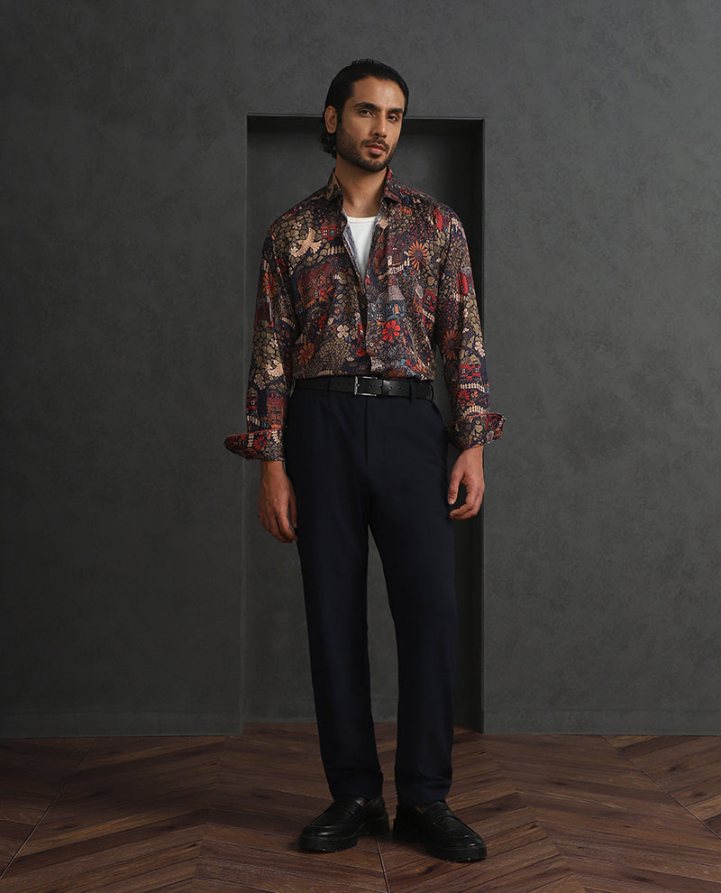 Navy Blue Printed Slim Fit Full Sleeve Tencel Shirt