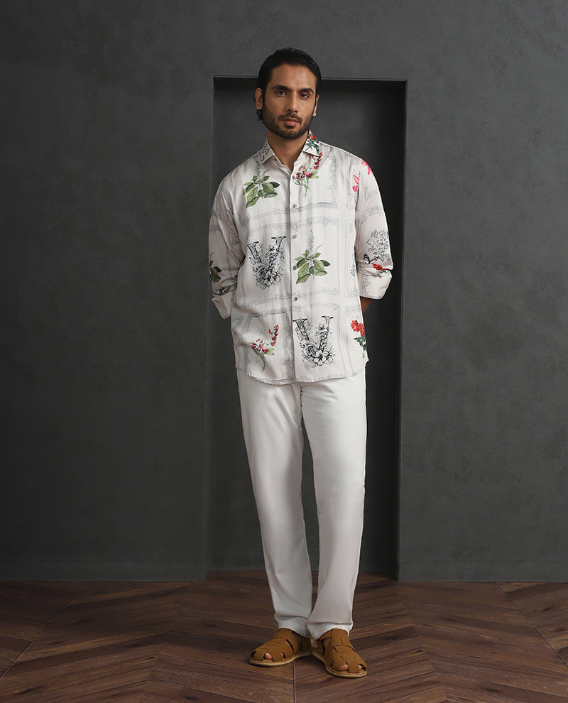 Cream Slim Fit Tencel Shirt with Refined Print Detailing