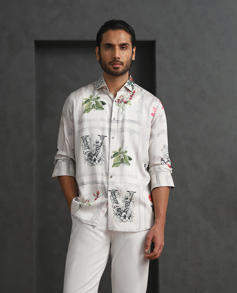 Cream Slim Fit Tencel Shirt with Refined Print Detailing
