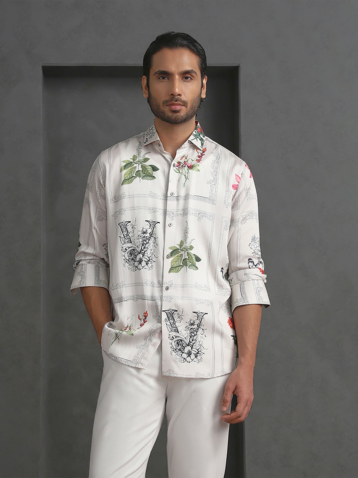 Cream Slim Fit Tencel Shirt with Refined Print Detailing