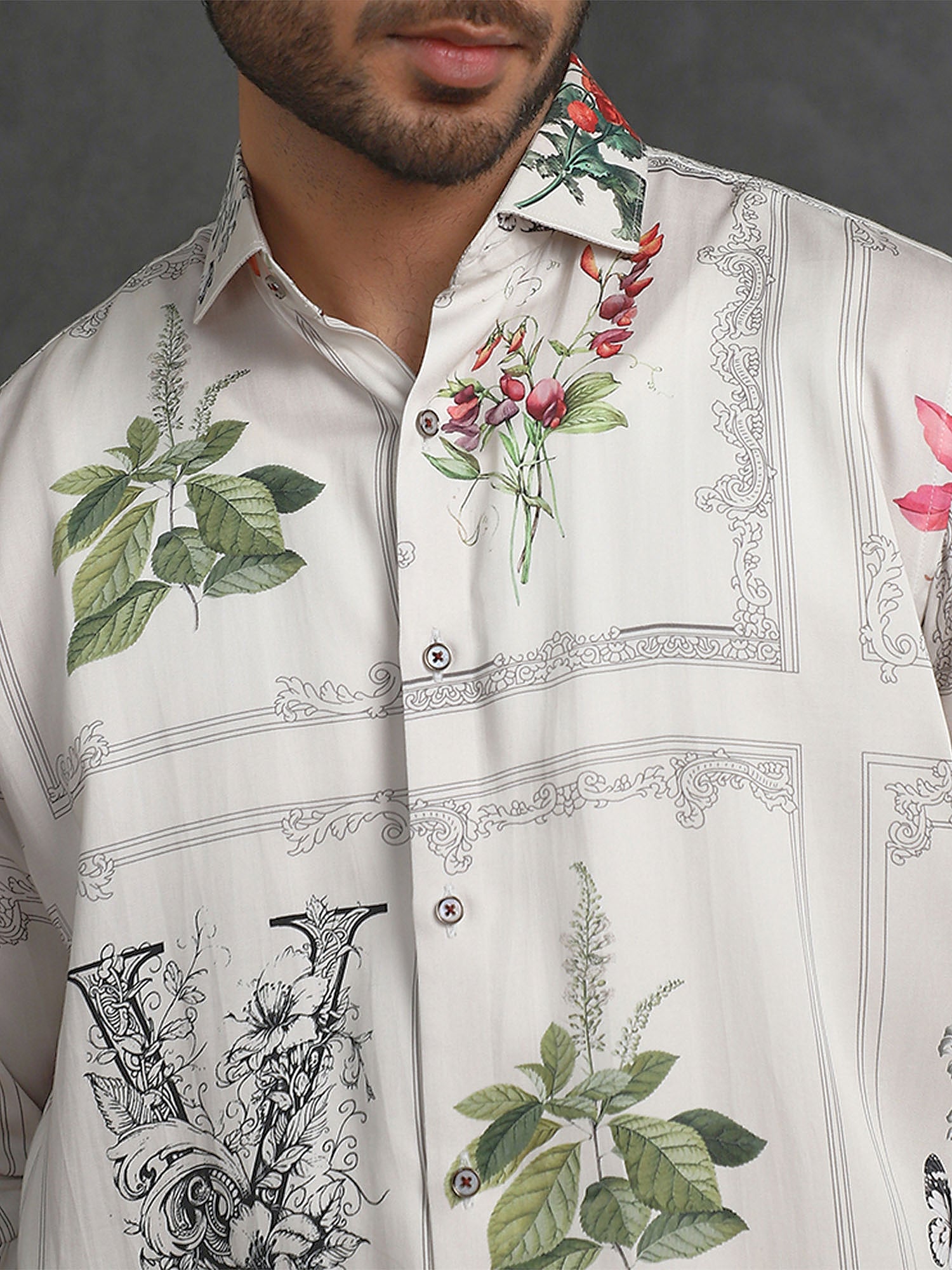 Cream Slim Fit Tencel Shirt with Refined Print Detailing