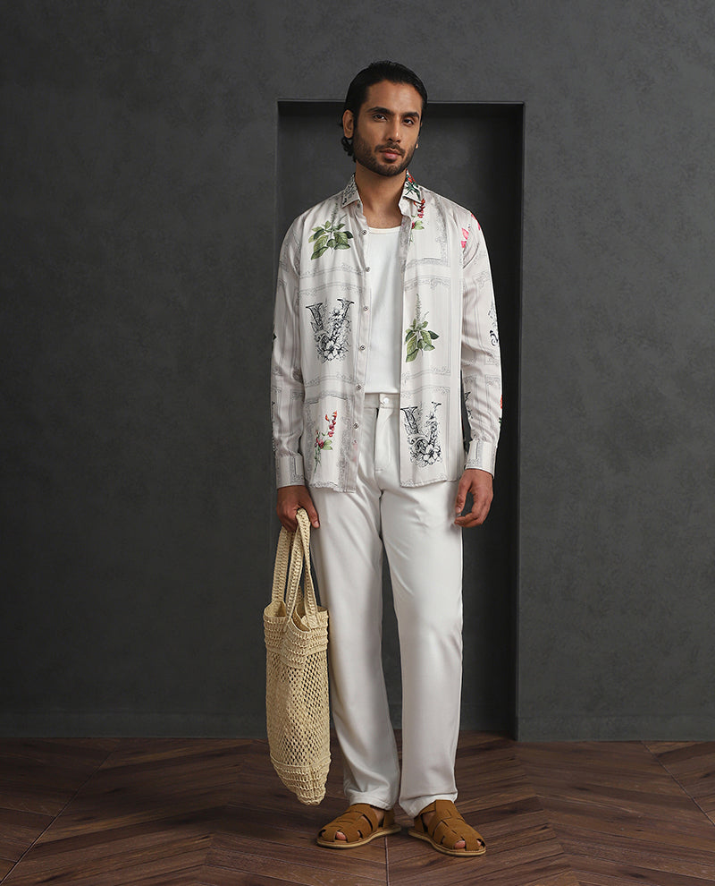 Cream Slim Fit Tencel Shirt with Refined Print Detailing