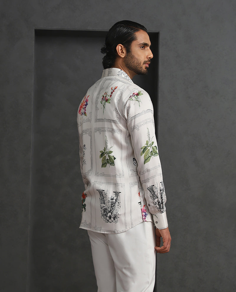 Cream Slim Fit Tencel Shirt with Refined Print Detailing