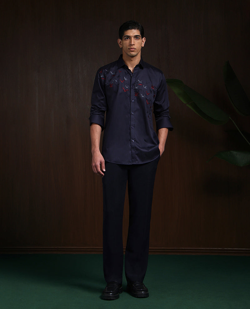 Navy Blue Slim Fit Cotton Shirt with Premium Embroidery Accents