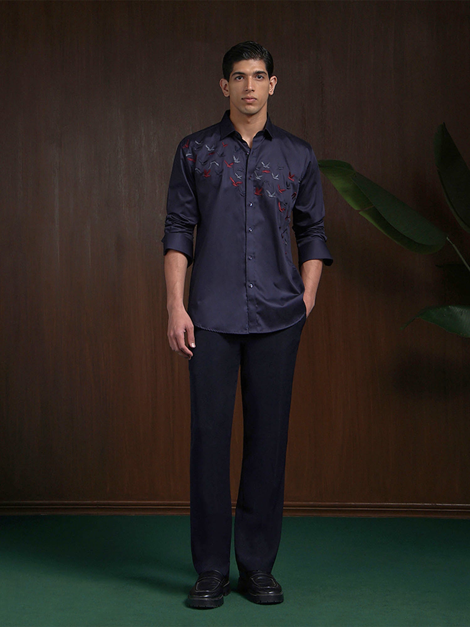 Navy Blue Slim Fit Cotton Shirt with Premium Embroidery Accents