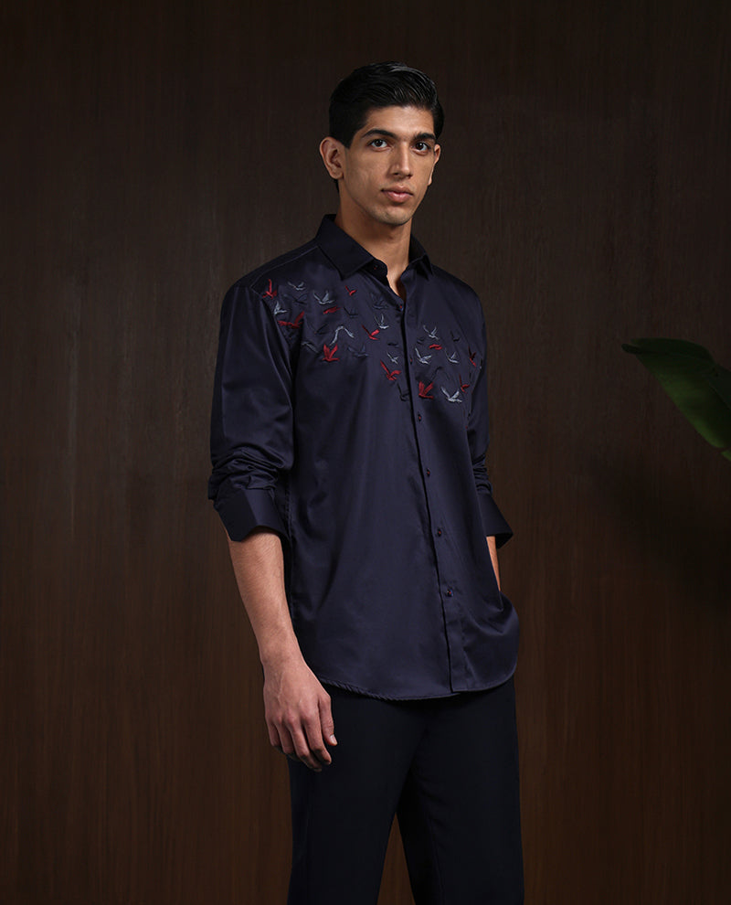 Navy Blue Slim Fit Cotton Shirt with Premium Embroidery Accents