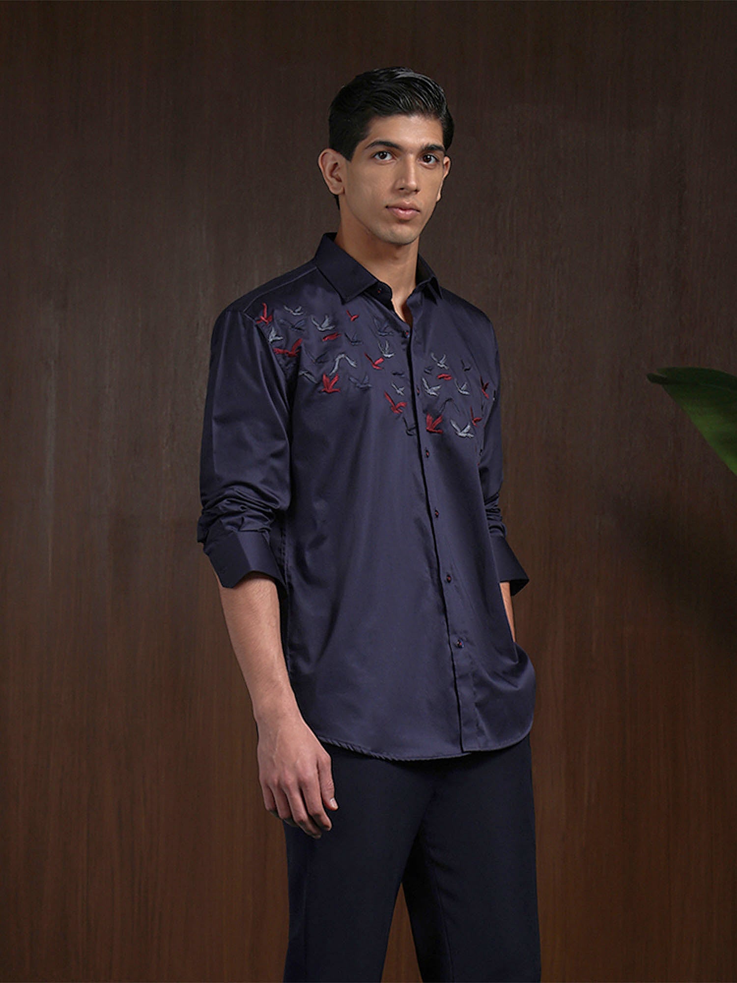Navy Blue Slim Fit Cotton Shirt with Premium Embroidery Accents