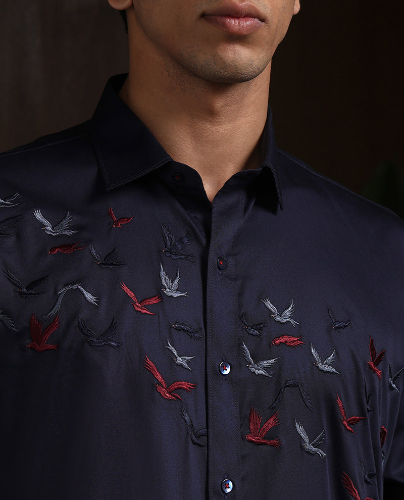 Navy Blue Slim Fit Cotton Shirt with Premium Embroidery Accents