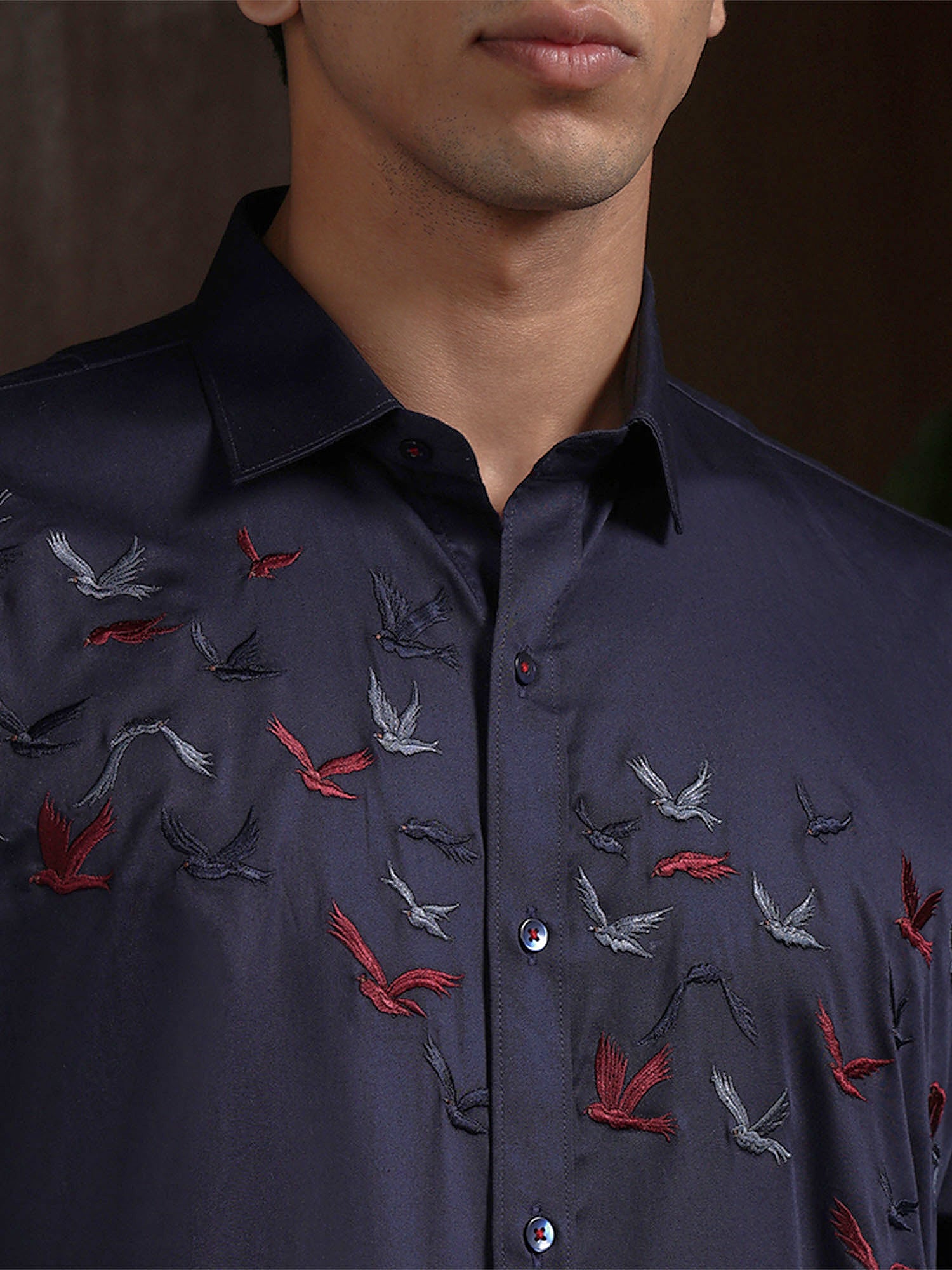 Navy Blue Slim Fit Cotton Shirt with Premium Embroidery Accents
