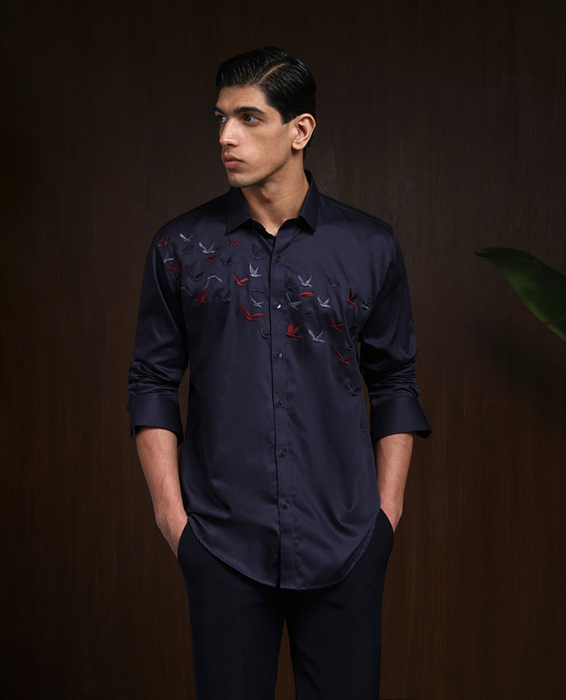 Navy Blue Slim Fit Cotton Shirt with Premium Embroidery Accents