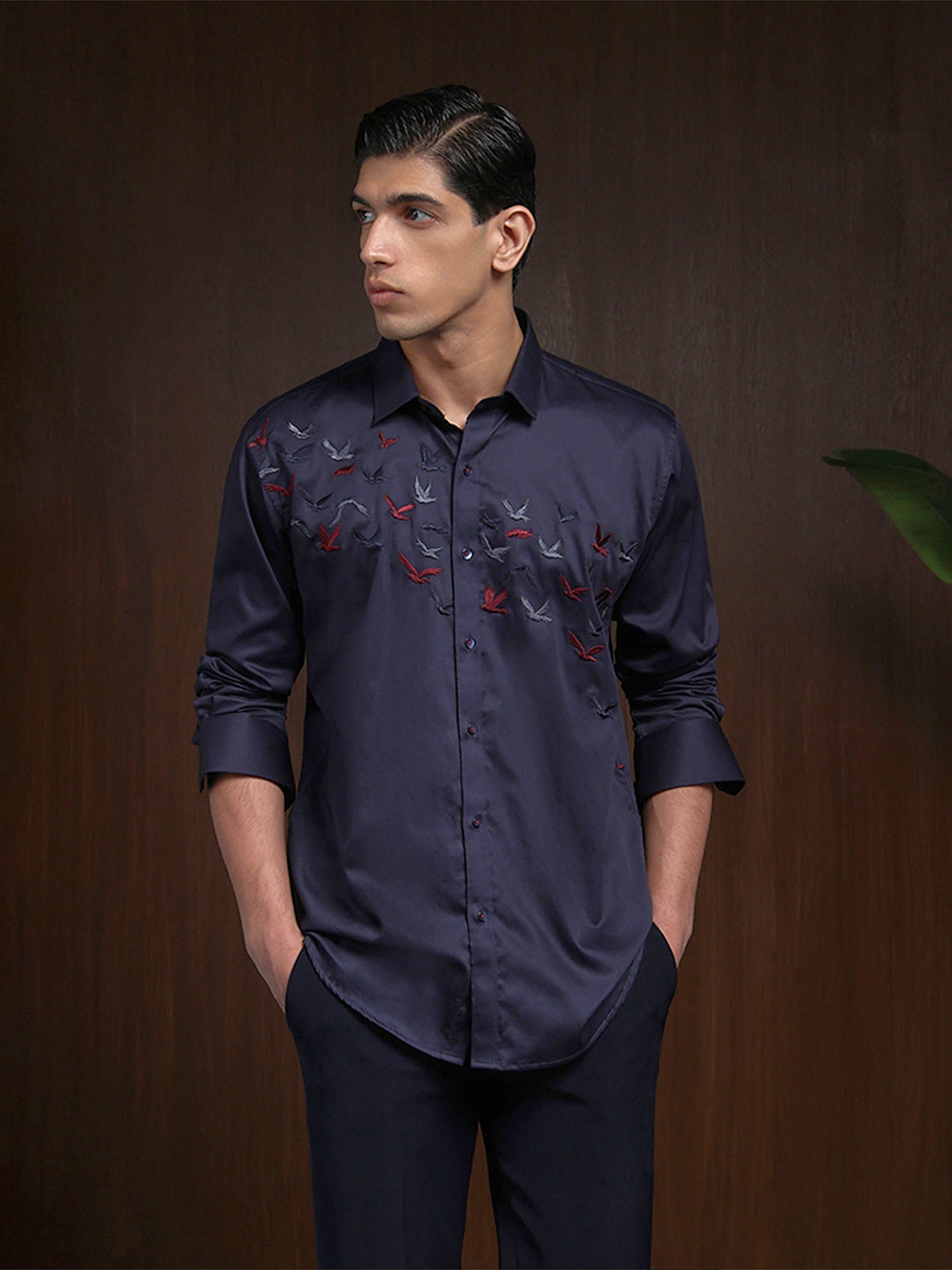 Navy Blue Slim Fit Cotton Shirt with Premium Embroidery Accents