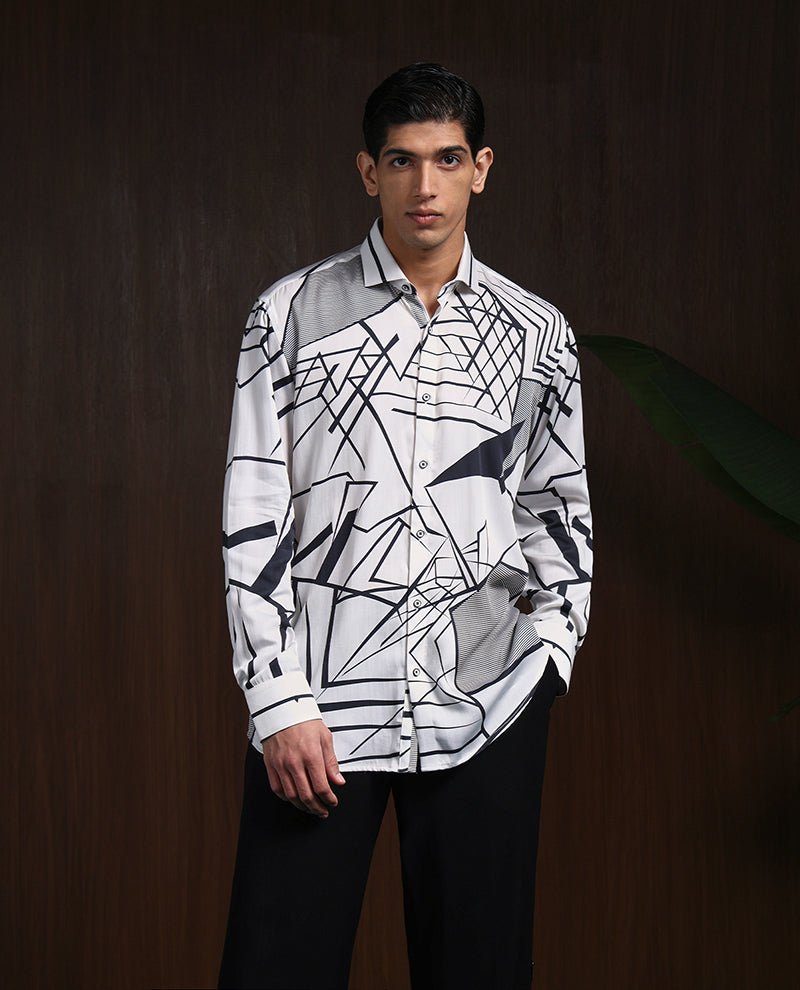 White & Black Slim Fit Tencel Shirt with Striking Print Design