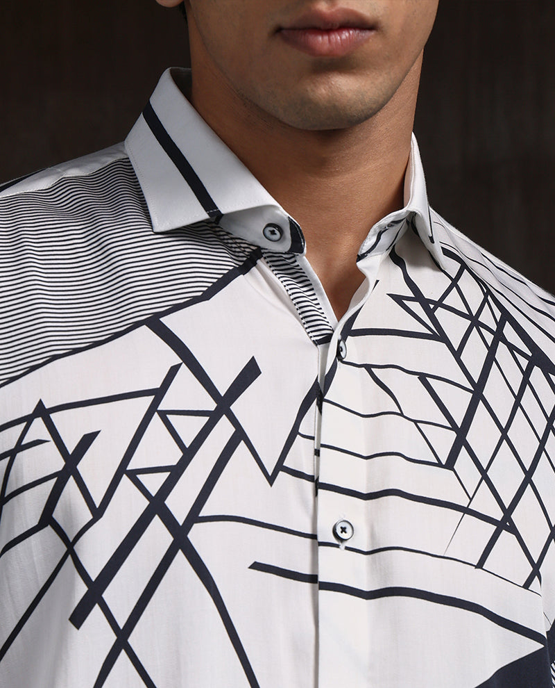 White & Black Slim Fit Tencel Shirt with Striking Print Design