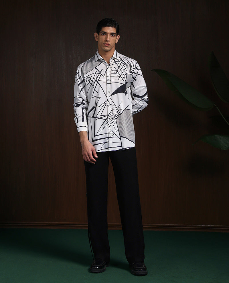White & Black Slim Fit Tencel Shirt with Striking Print Design