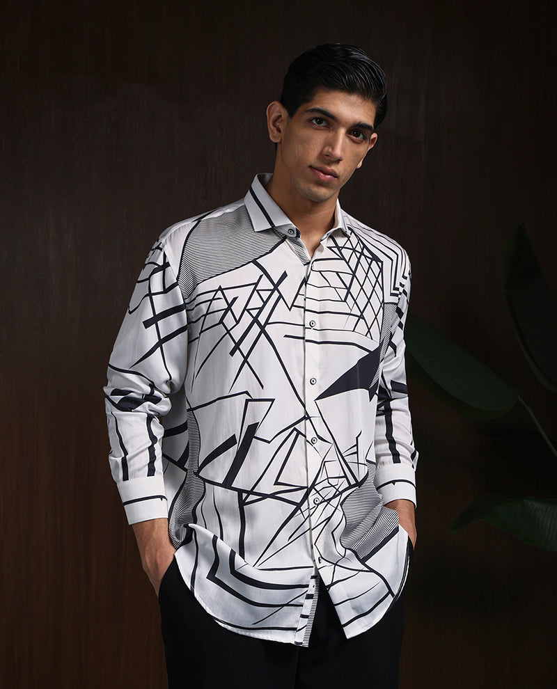 White & Black Slim Fit Tencel Shirt with Striking Print Design