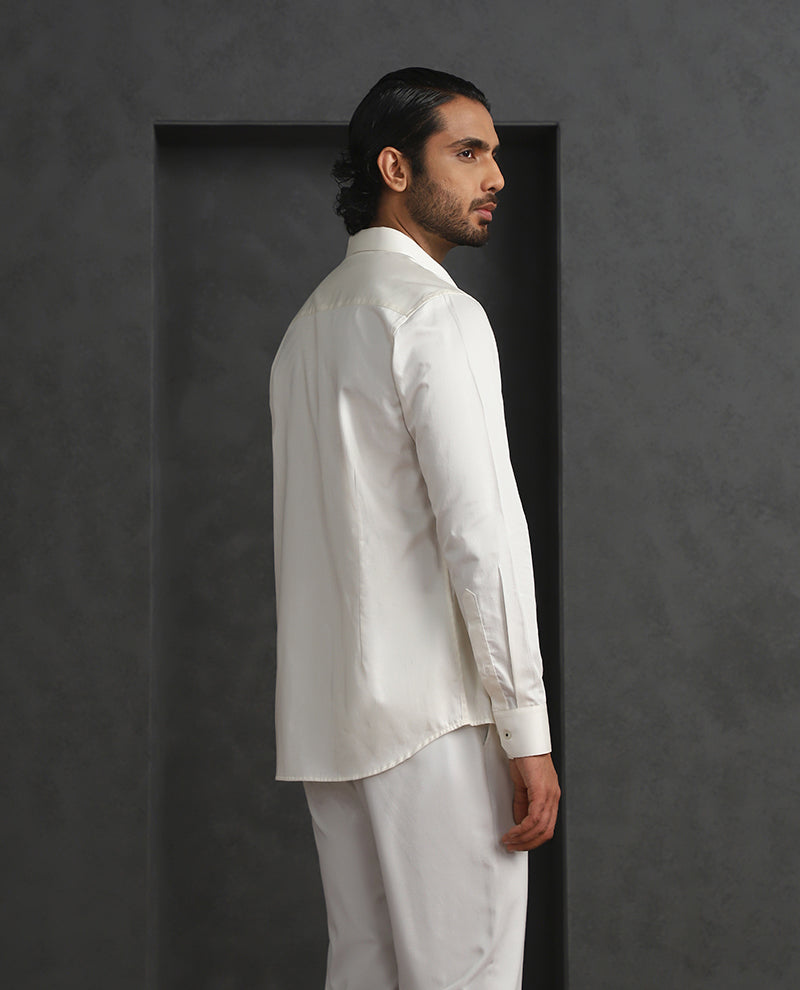 Cream Slim Fit Cotton Shirt with Subtle Embroidery Detailing