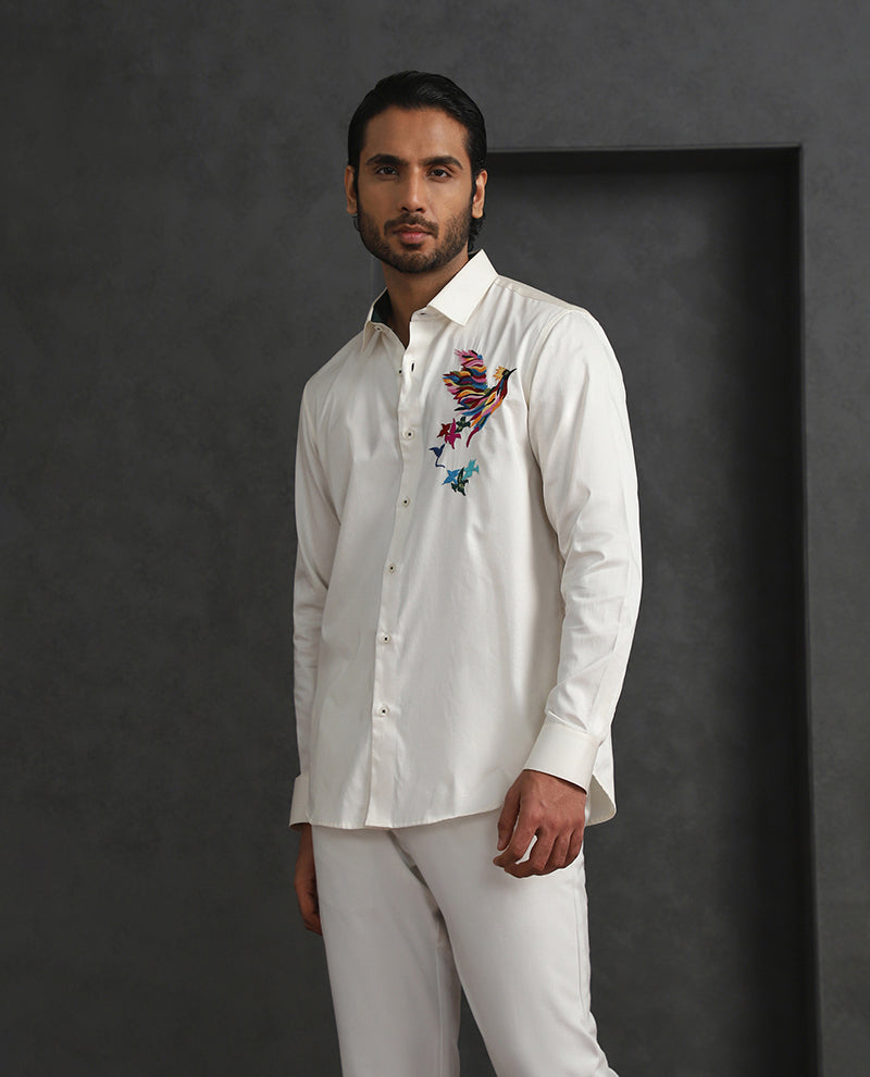 Cream Slim Fit Cotton Shirt with Subtle Embroidery Detailing