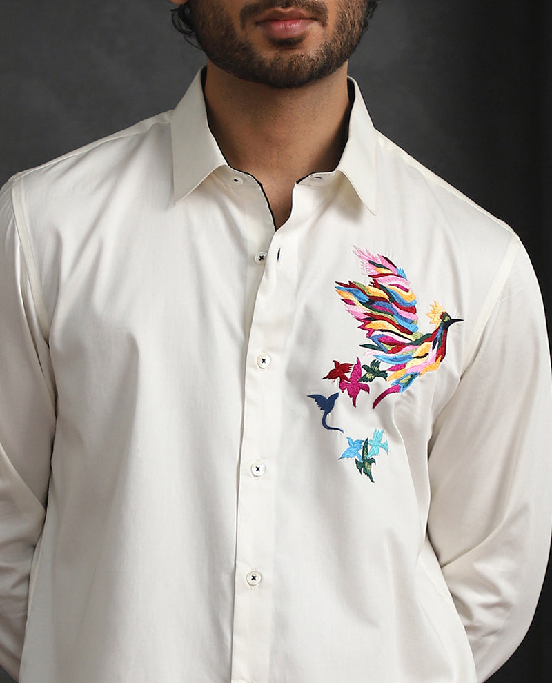 Cream Slim Fit Cotton Shirt with Subtle Embroidery Detailing